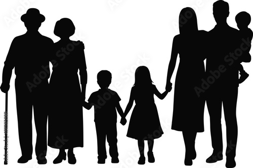 Vector silhouette of large extended family including grandparents, parents, children, and baby standing together holding hands for generations concept