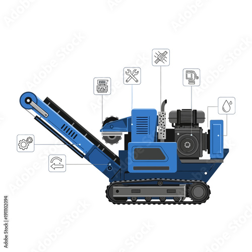 Heavy Duty Mobile Crusher Unit With Industrial Icons For Manufacturing And Construction