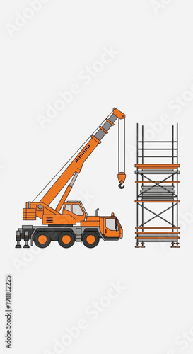 Heavy Duty Orange Crane Alongside Construction Scaffolding Illustration