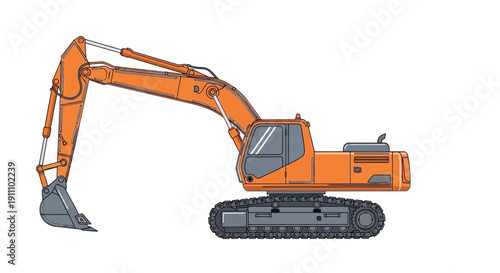 Heavy Duty Orange Excavator Machine On White Background