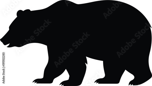 Vector silhouette of large wild bear walking side view, dangerous forest predator mammal, brown grizzly animal black shape isolated.