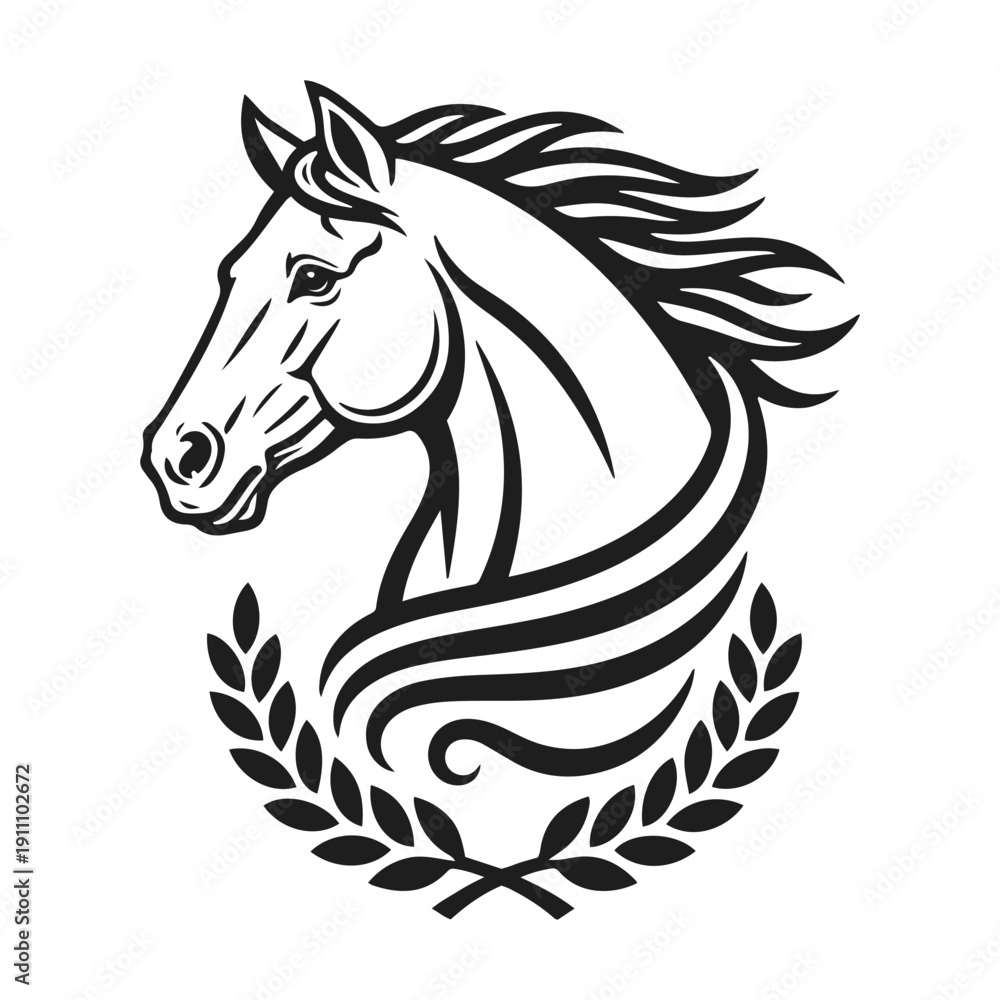 custom made wallpaper toronto digitalA horse head logo with a flowing mane. Stallion logo, equestrian sport, animal strength, wild mustang, racehorse. Black and white vector illustration