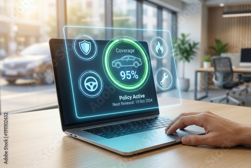Laptop computer showing holographic car insurance dashboard with coverage level and active policy in modern office