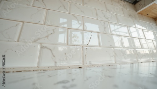 Low-angle view of a kitchen backsplash: one subway tile shows a faint vertical hairline crack