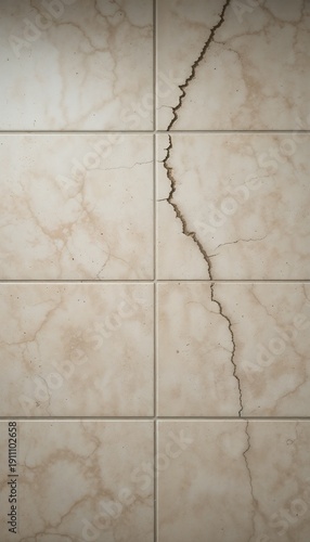 Overhead shot of a single beige ceramic floor tile with a delicate hairline crack near the center
