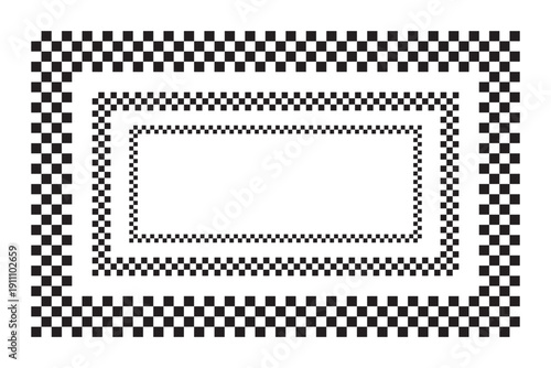 Set of rectangle frames with checkered black and white print. Rectangular vignettes with checkerboard, race flag or chess board textures isolated on white background. Vector graphic illistration