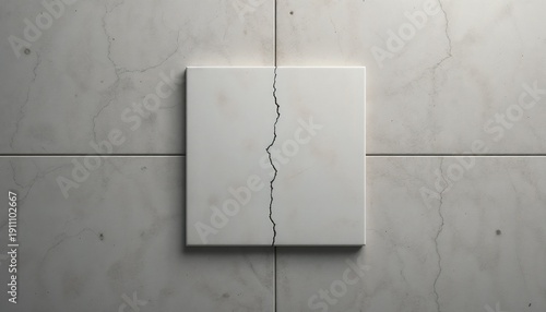 Minimalist composition: centered ceramic tile with a barely visible hairline crack under even studio lighting