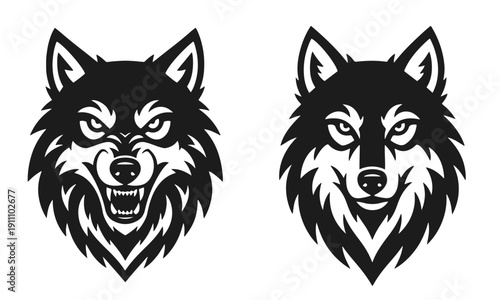 Wallpaper Mural Black and white wolf heads. Angry predator, wild animal, wolf silhouette, forest creature. Vector illustration for a sports logo Torontodigital.ca