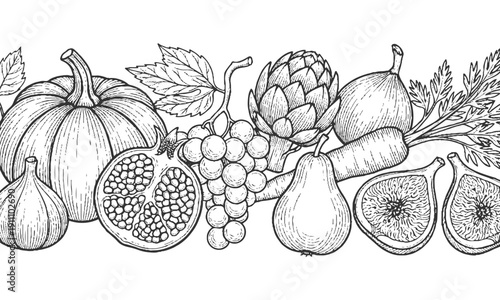 Vintage engraving of autumn harvest. Pumpkin vegetable, grape bunch, pomegranate fruit, organic carrot, fresh pear. Black and white vector food illustration