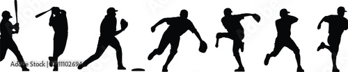Vector silhouette set of baseball players in action poses like batting, pitching, and running for sport team competition design
