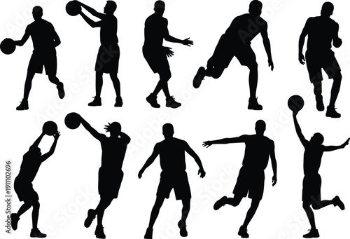 Vector silhouette set of basketball players playing game, dribbling ball, shooting hoop, jumping and running isolated on white background.