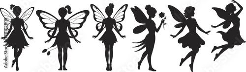 Vector silhouette set of beautiful magical fairies with butterfly wings flying and holding flowers for fantasy girl design