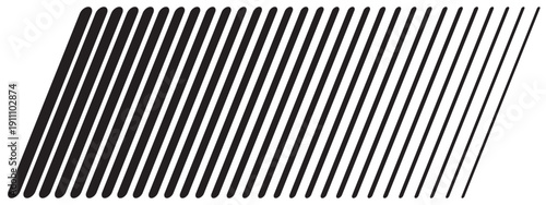 Slanted black parallel straight sticks with different thickness isolated on white background. Stripes in diagonal arrangement. Oblique lines. Simple striped print. Vector graphic illustration