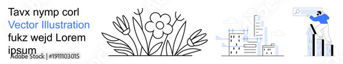 Nature, urban planning, business growth, data analysis, progress, presentation. A flower illustration, cityscape and person analyzing graphs. Nature and urban planning integrated with business