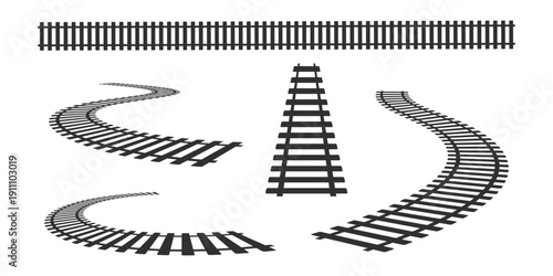 Straight and curvy railroad parts in perspective isolated on white background. Black railway or traintrack silhouettes fading into distance. Vector graphic illustration