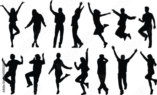 Vector silhouette set of happy people dancing, jumping with joy, celebrating success and having fun at party isolated.