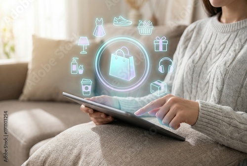 Woman using tablet for online shopping at home with holographic retail icons and smart ecommerce interface