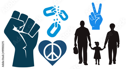 Peace and Freedom Protest Icons Set with Fist, Broken Chain and Family Silhouettes on transparent background.