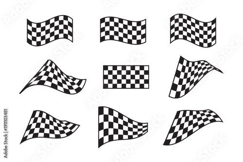 Set of wavy rally flags without sticks with checkered black and white texture. Start or finish signals on sport car competitions. Rally, karting or motocross props. Vector graphic illustration