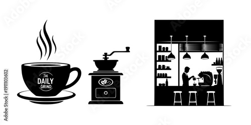  Coffee Cup & Bean Grinder Silhouette Vector