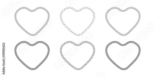Set of heart shaped frames with half and crossed stitch print. Romantic patch embroidery ornaments isolated on white background. Simple sewing overlock fabric prints. Vector graphic illustration