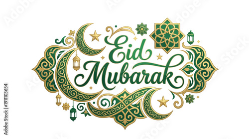 Eid Mubarak Greeting Vector Design – Elegant Green and Gold Typography with Crescent Moons, Stars, Lanterns, and Islamic Geometric Patterns for Festive Holiday Celebration Projects