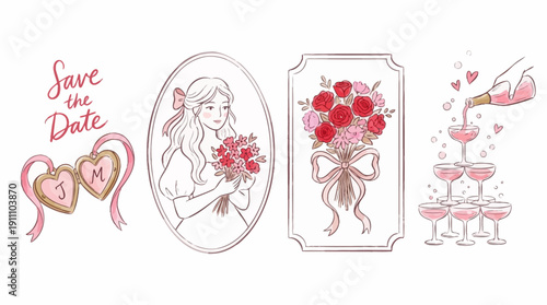 Wedding Celebration Vector Set – Four Romantic Illustrations Featuring Save the Date Hearts, Rose Bouquet, Bride Portrait, and Champagne Glasses for Creative Bridal and Event Projects
