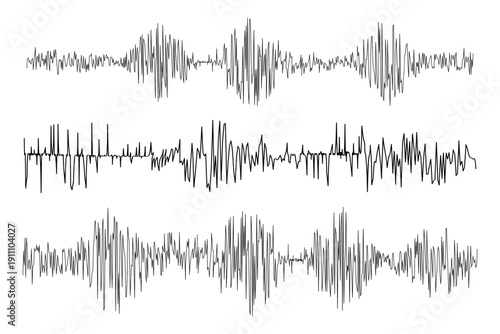 Set of polygraph test or seismometer diagrams isolated on white background. Seismogram or lie detector graphs. Ground motion or earthquake lines, sound record waves. Vector graphic illustration