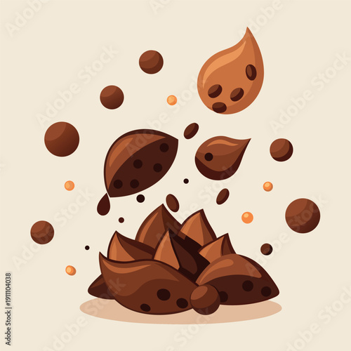chocolate balls and cocoa beans falling in the air