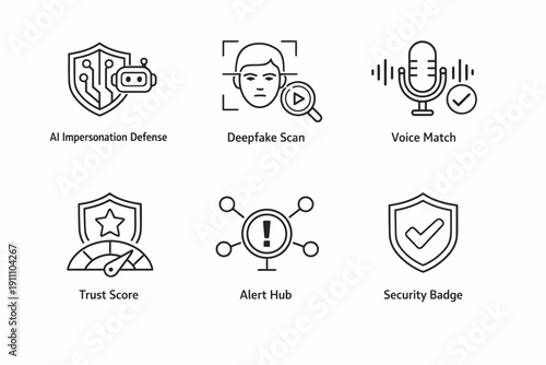 Ai security icons: defense, deepfake detection, voice verification, trust, alerts, security badges