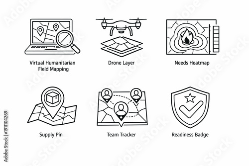 Humanitarian tech icons: mapping, drones, heatmaps, and team tracking symbols