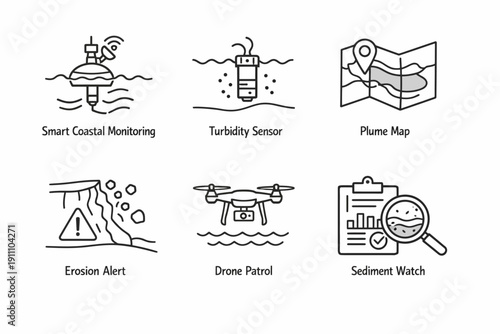 Smart coastal monitoring icons: sensors, maps, drones for environmental management