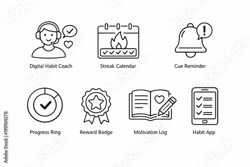 Digital habit tracker icons featuring coach, calendar, reminder, ring, badge, log, app