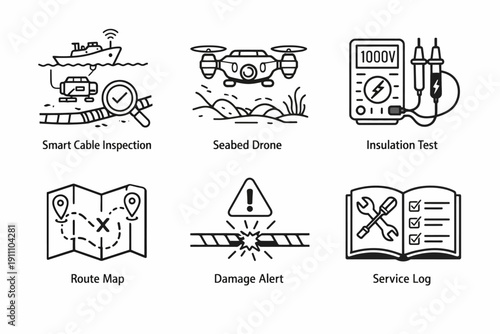 Collection of technology and navigation icons including drone, cable inspection, and route map