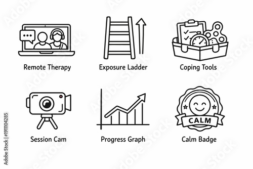 Icons representing therapy tools with remote session and progress visuals