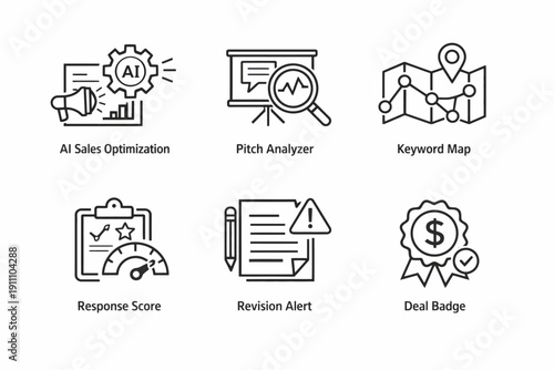 Icons for ai sales optimization and business tools including pitch analyzer and deal badge