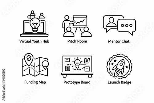 Business innovation icons: virtual youth hub, pitch room, mentor chat, funding map, prototype board, launch badge