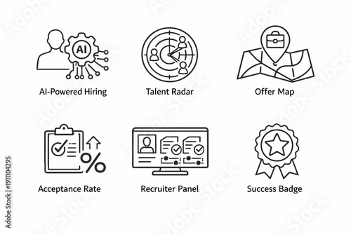 Ai-powered hiring tools: talent radar, offer map, and success badge icons