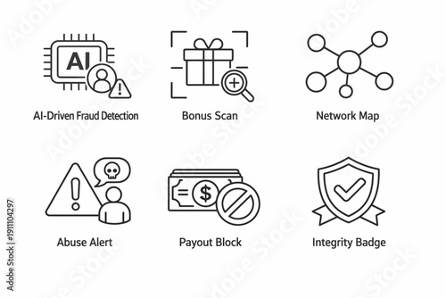 Ai fraud detection and security icons for network, alerts, and payments