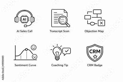 Icon collection featuring ai, transcript, object map, sentiment, coaching, crm