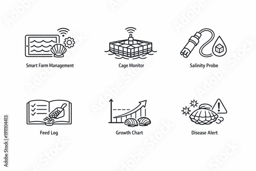 Aquaculture smart farm icons: technology for sustainable seafood management