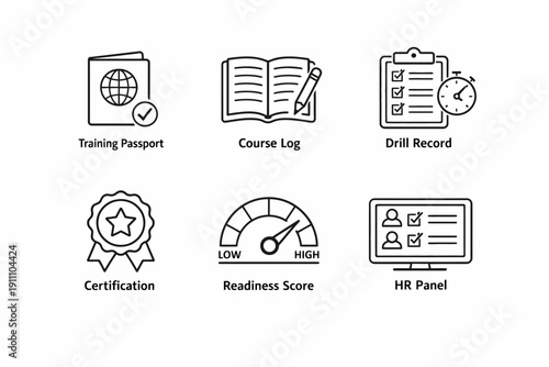 Training passport, course log, drill record, certification, readiness score, hr panel icons