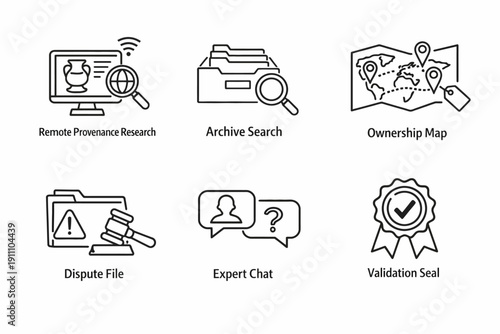 Provenance research and verification icons: digital archive, map ownership, expert chat, validation