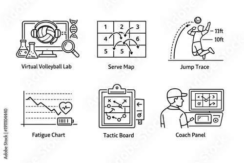 Virtual volleyball tools: training data, play maps, tactical analysis, and coaching interfaces