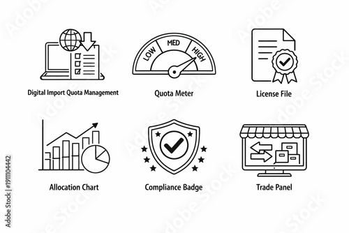 Business management icons: quota meter, trade panel, compliance badge, license file, allocation chart
