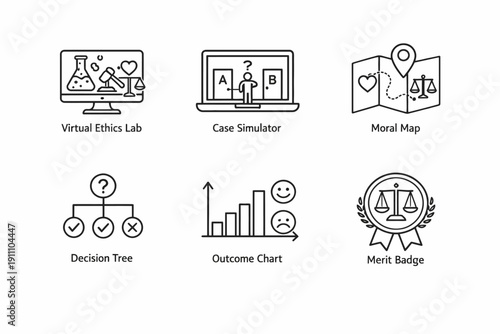 Icons of virtual ethics lab, case simulator, moral map, decision tree, outcome chart, merit badge