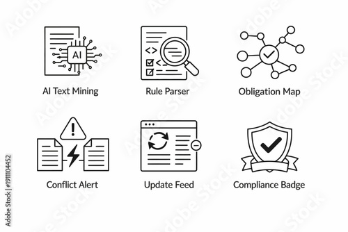 Set of six icons representing ai text mining, rule parsing, and compliance tools