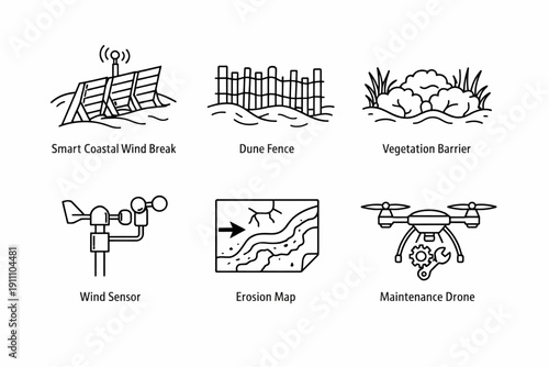 Coastal erosion prevention techniques illustrated with wind breaks and maintenance drones