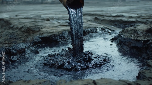 A large bucket pouring dirty water into a muddy puddle on the ground