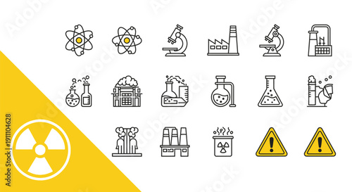 Science laboratory icons show atomic structure and warnings.